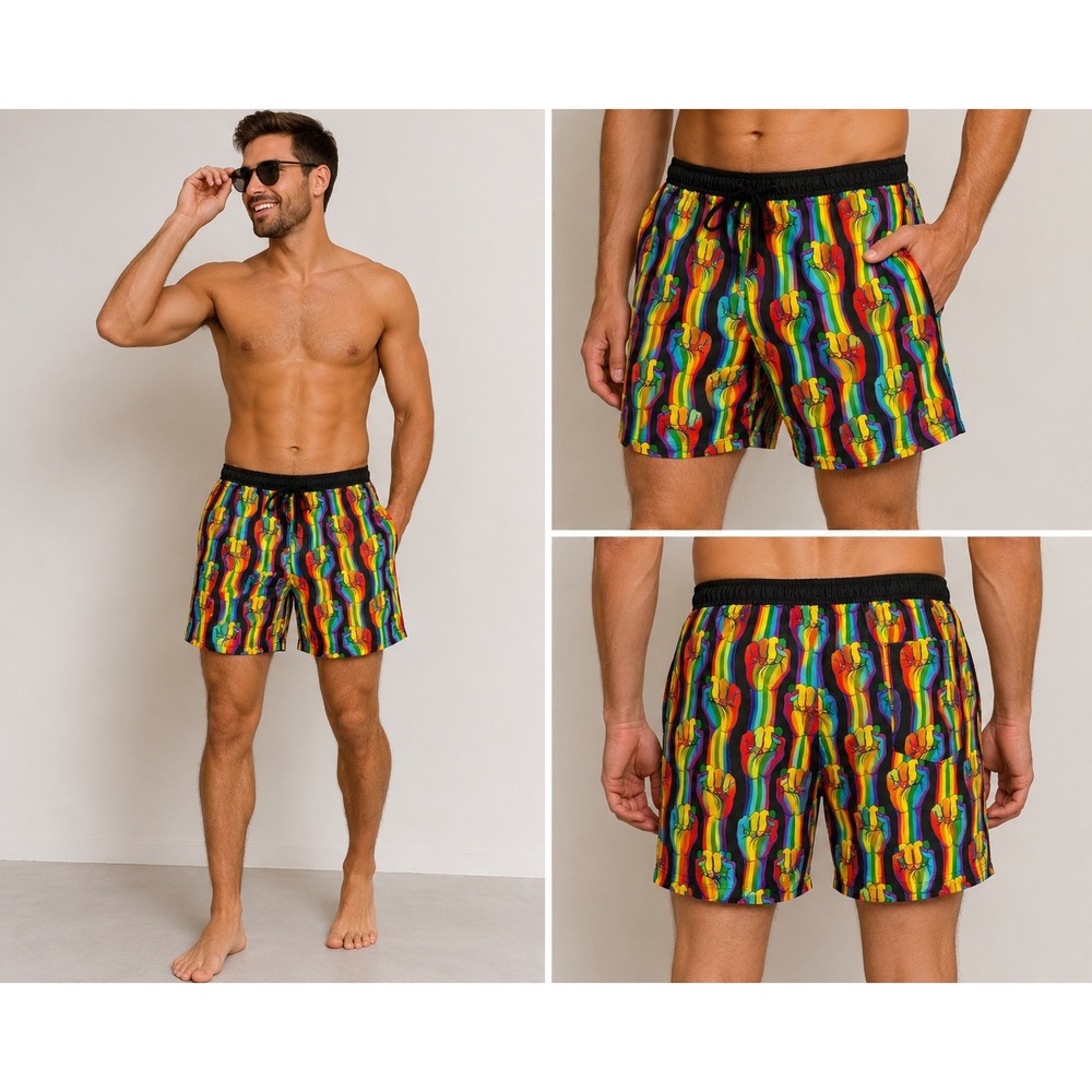 Way To Celebrate Swim Trunks Mens XL Rainbow Fist Pride Drawstring Mesh Lined